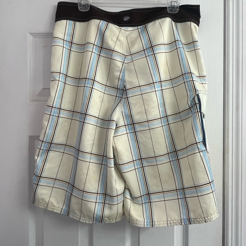 Kirra Men’s Board Shorts Yellow Checkered Pattern Brown Border Drawstring 34 - Picture 8 of 10
